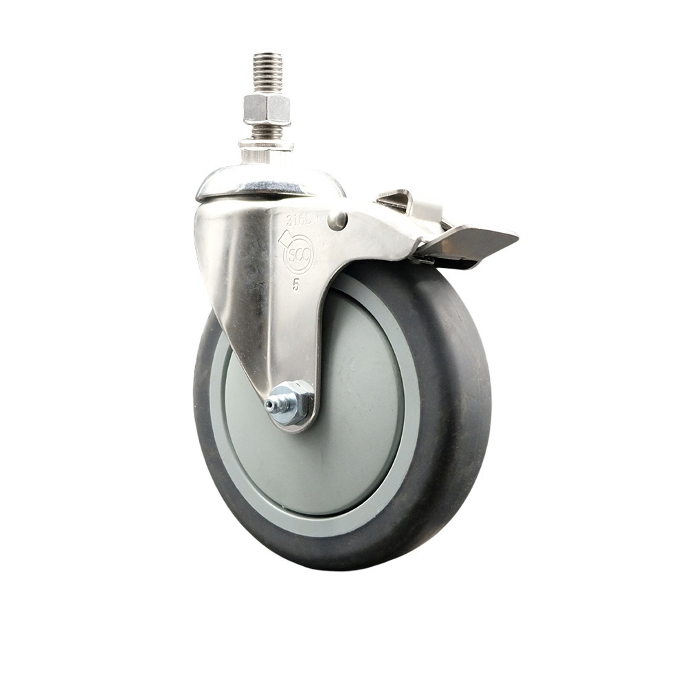 Thermoplastic Rubber Swivel Stem Caster with 5 Inch Gray Caster Wheel and Total Lock Brake - 12mm Metric Threaded Stem - 316 Stainless Steel Caster - 300 lbs. Capacity Per Caster- Service Caster Brand — photo 1