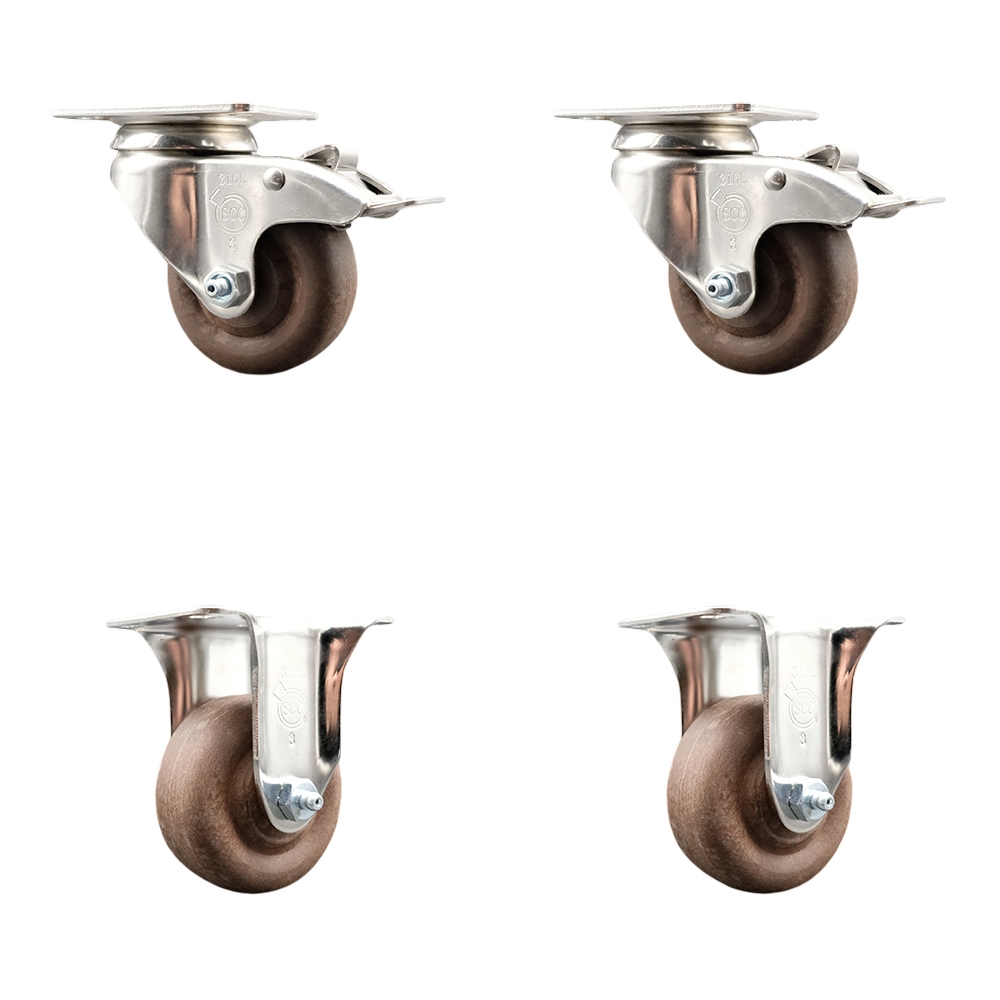 High Temp Glass Filled Nylon Swivel Top Plate Caster Set of 4 with 3.5 Inch Brown Caster Wheels - 316 Stainless Steel Casters -Includes 2 Swivel with Total Lock Brakes and 2 Rigid-Service Caster Brand — photo 1