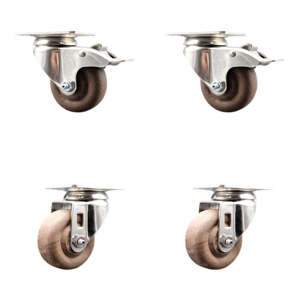 High Temp Glass Filled Nylon Swivel Top Plate Caster Set of 4 with 3.5 Inch Brown Caster Wheels - 316 Stainless Steel Casters-Includes 2 Swivel with Total Lock Brakes and 2 Swivel-Service Caster Brand — photo 1