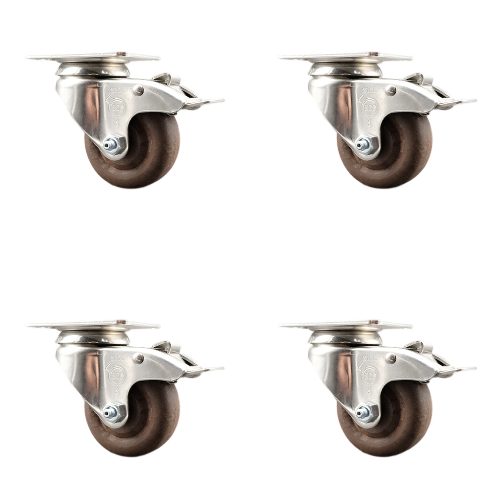 High Temp Glass Filled Nylon Swivel Top Plate Caster Set of 4 with 3.5 Inch Brown Caster Wheels - 316 Stainless Steel Casters - Includes 4 Swivel Casters with Total Lock Brakes - Service Caster Brand — photo 1