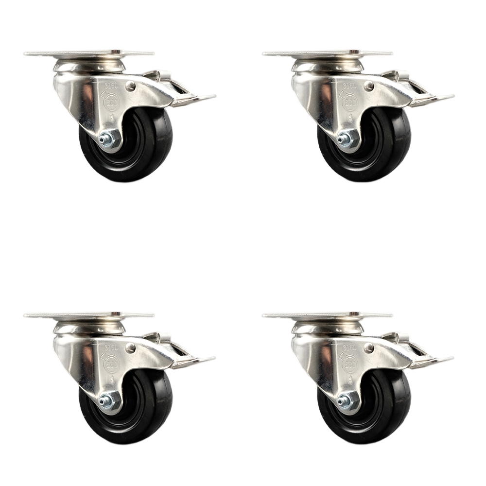 Hard Rubber Swivel Top Plate Caster Set of 4 with 3.5 Inch Black Caster Wheels-316 Stainless Steel Casters-Include 4 Swivel Casters with Total Lock Brake-1,140 lbs. Total Capacity-Service Caster Brand — photo 1