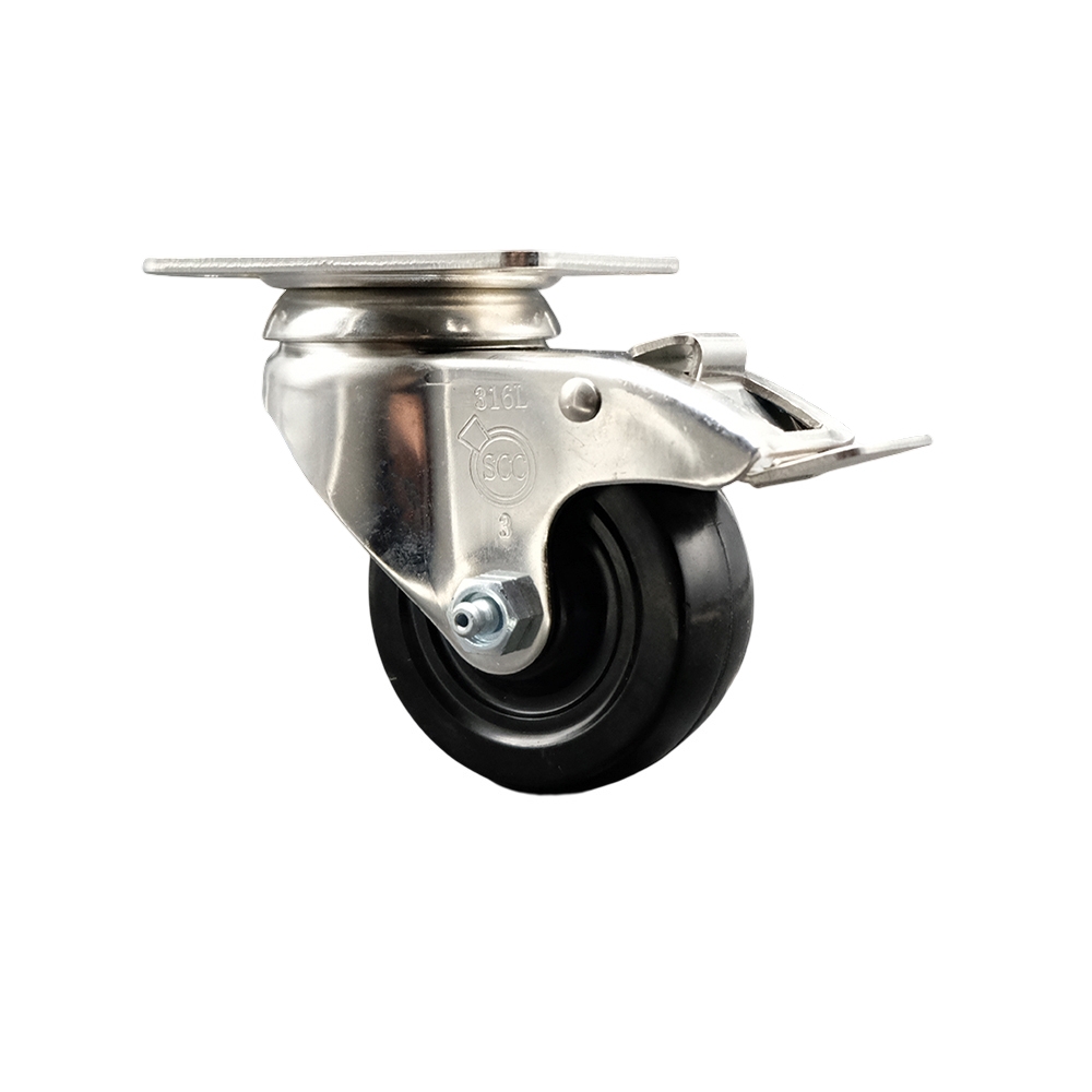 Hard Rubber Swivel Top Plate Caster with 3 Inch Black Caster Wheel and Total Lock Brake - 316 Stainless Steel Caster - 275 lbs. Capacity Per Caster - Service Caster Brand — photo 1