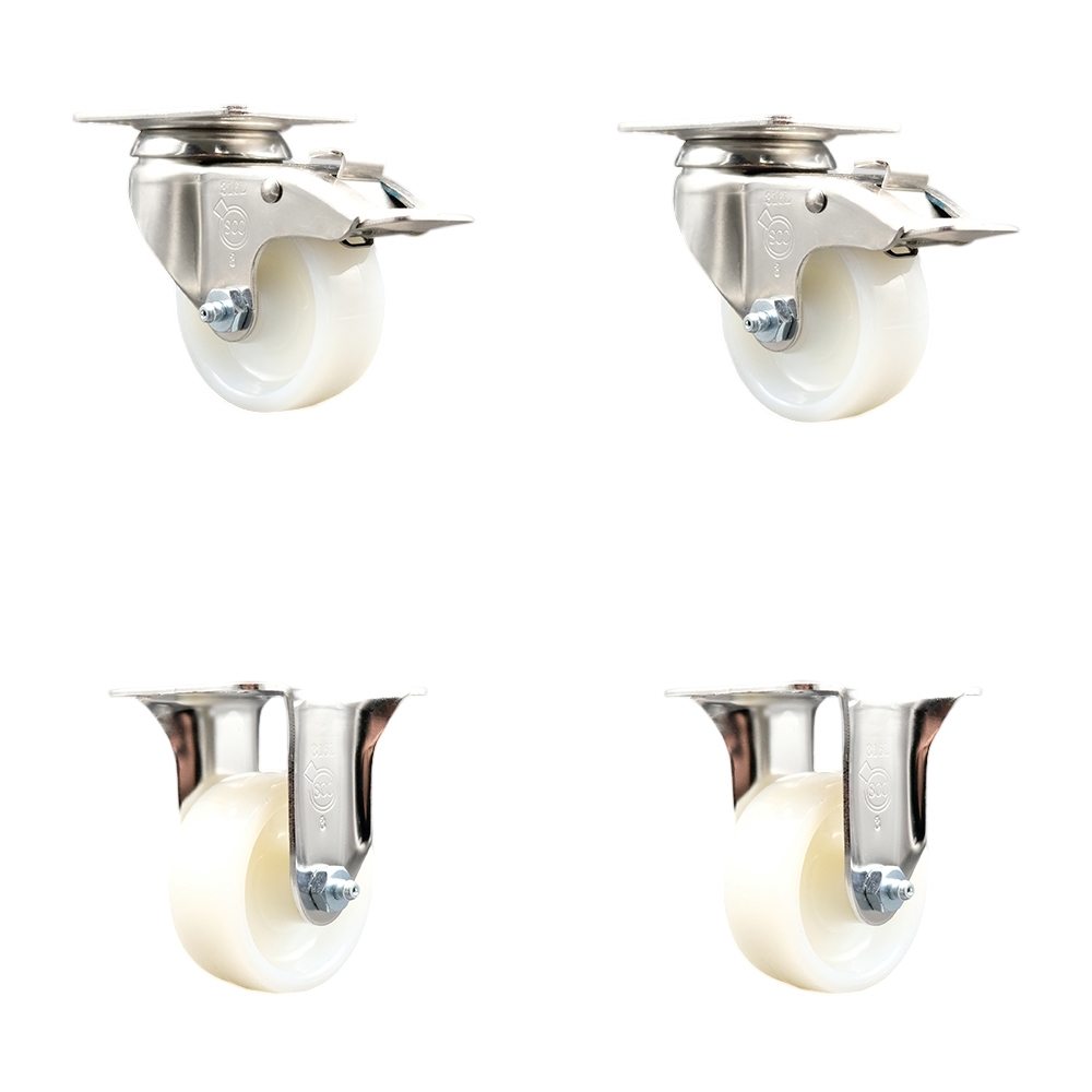 Nylon Swivel Top Plate Caster Set of 4 with 3 Inch White Caster Wheels - 316 Stainless Steel Casters - Includes 2 Swivel with Total Lock Brakes and 2 Rigid - Service Caster Brand — photo 1