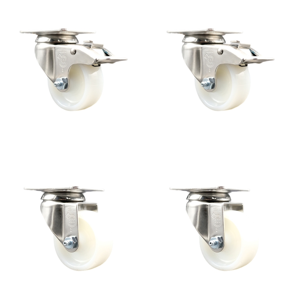 Nylon Swivel Top Plate Caster Set of 4 with 3 Inch White Caster Wheels - 316 Stainless Steel Casters - Includes 2 Swivel with Total Lock Brakes and 2 Swivel - Service Caster Brand — photo 1
