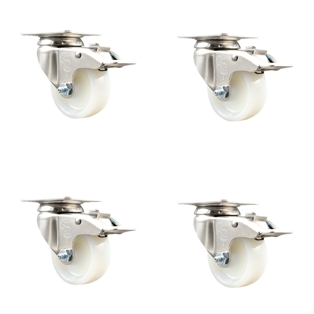 Nylon Swivel Top Plate Caster Set of 4 with 3 Inch White Caster Wheels-316 Stainless Steel Casters - Includes 4 Swivel Casters with Total Lock Brakes - 1,200 lbs. Total Capacity - Service Caster Brand — photo 1
