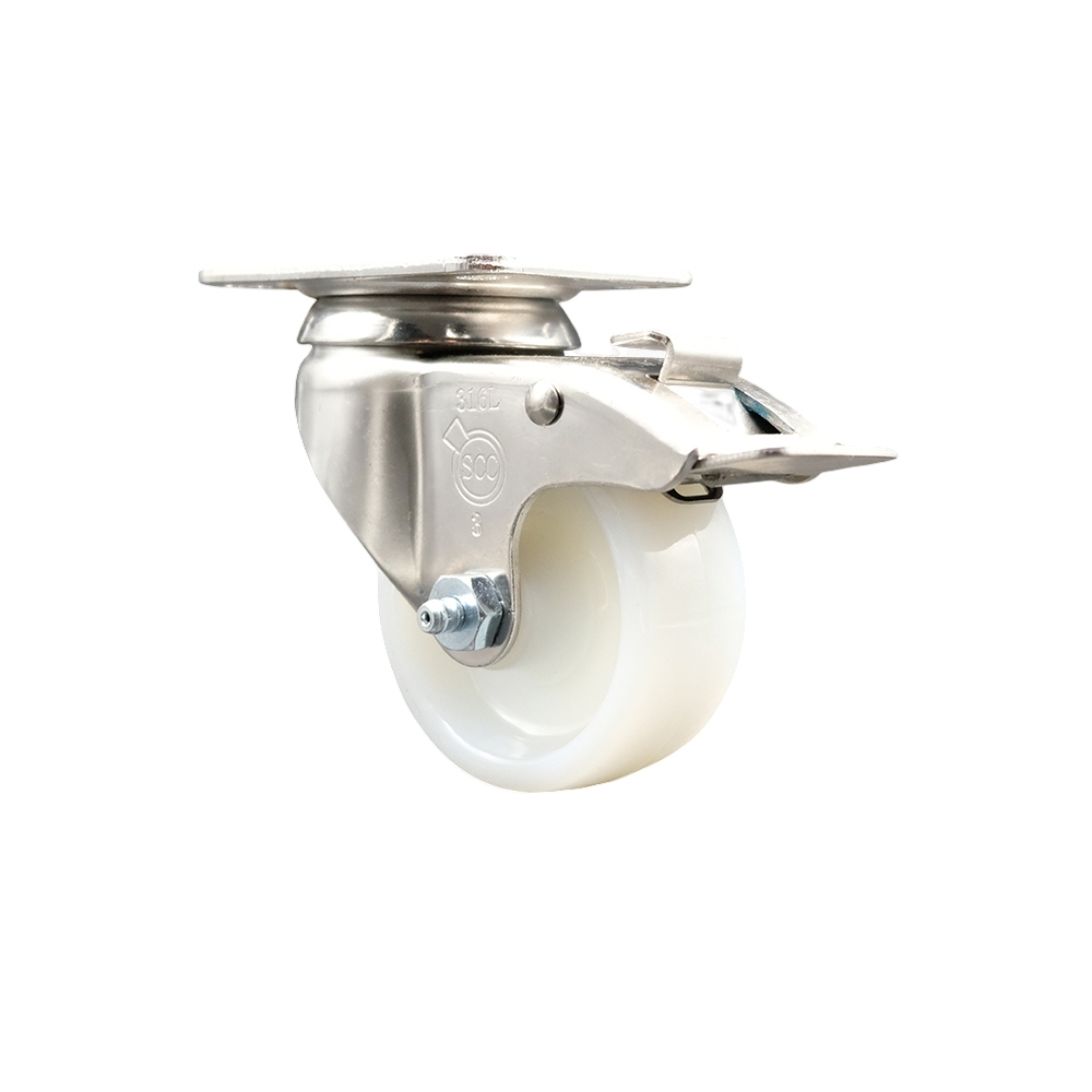 Nylon Swivel Top Plate Caster with 3 Inch White Caster Wheel and Total Lock Brake - 316 Stainless Steel Caster - 300 lbs. Capacity Per Caster - Service Caster Brand — photo 1