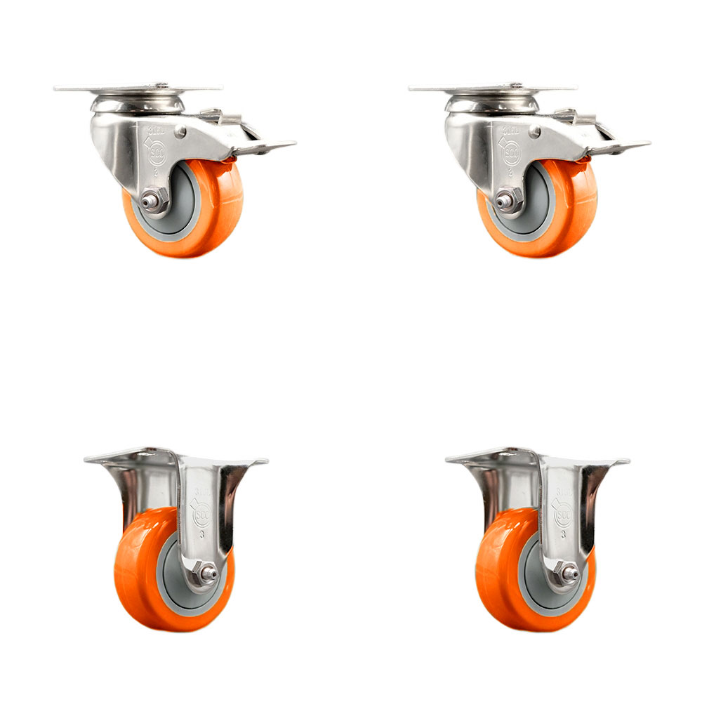 Polyurethane Swivel Top Plate Caster Set of 4 with 3.5 Inch Orange Caster Wheels - 316 Stainless Steel Casters - Includes 2 Swivel with Total Lock Brakes and 2 Rigid - Service Caster Brand — photo 1