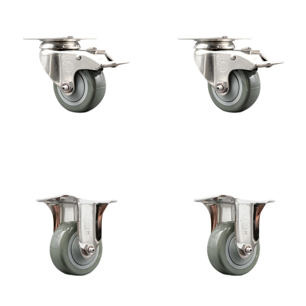 Polyurethane Swivel Top Plate Caster Set of 4 with 3 Inch Gray Caster Wheels - 316 Stainless Steel Casters - Includes 2 Swivel with Total Lock Brakes and 2 Rigid - Service Caster Brand — photo 1