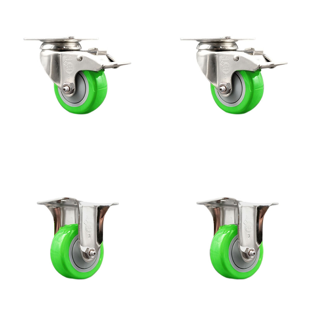 Polyurethane Swivel Top Plate Caster Set of 4 with 3.5 Inch Green Caster Wheels - 316 Stainless Steel Casters - Includes 2 Swivel with Total Lock Brakes and 2 Rigid - Service Caster Brand — photo 1