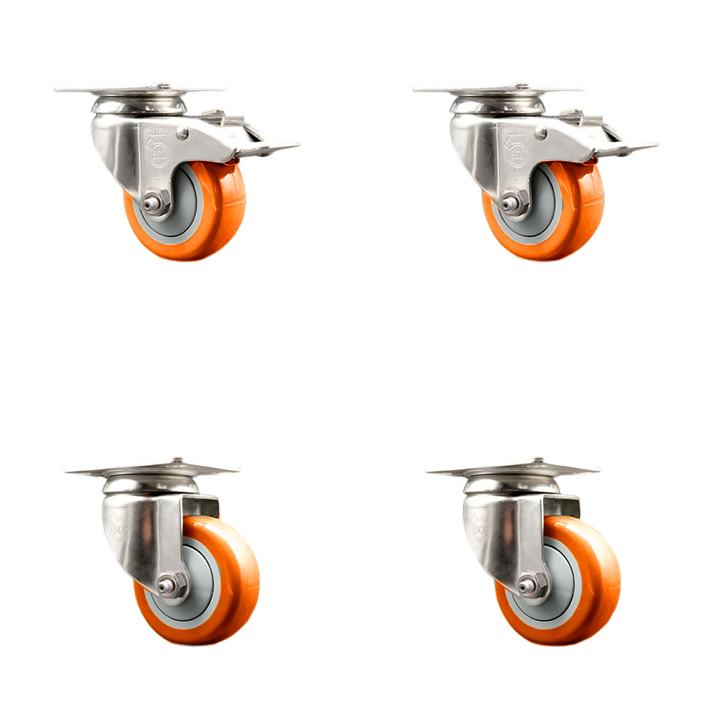 Polyurethane Swivel Top Plate Caster Set of 4 with 3.5 Inch Orange Caster Wheels - 316 Stainless Steel Casters - Includes 2 Swivel with Total Lock Brakes and 2 Swivel - Service Caster Brand — photo 1