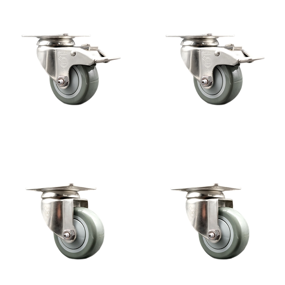 Polyurethane Swivel Top Plate Caster Set of 4 with 3 Inch Gray Caster Wheels - 316 Stainless Steel Casters - Includes 2 Swivel with Total Lock Brakes and 2 Swivel - Service Caster Brand — photo 1