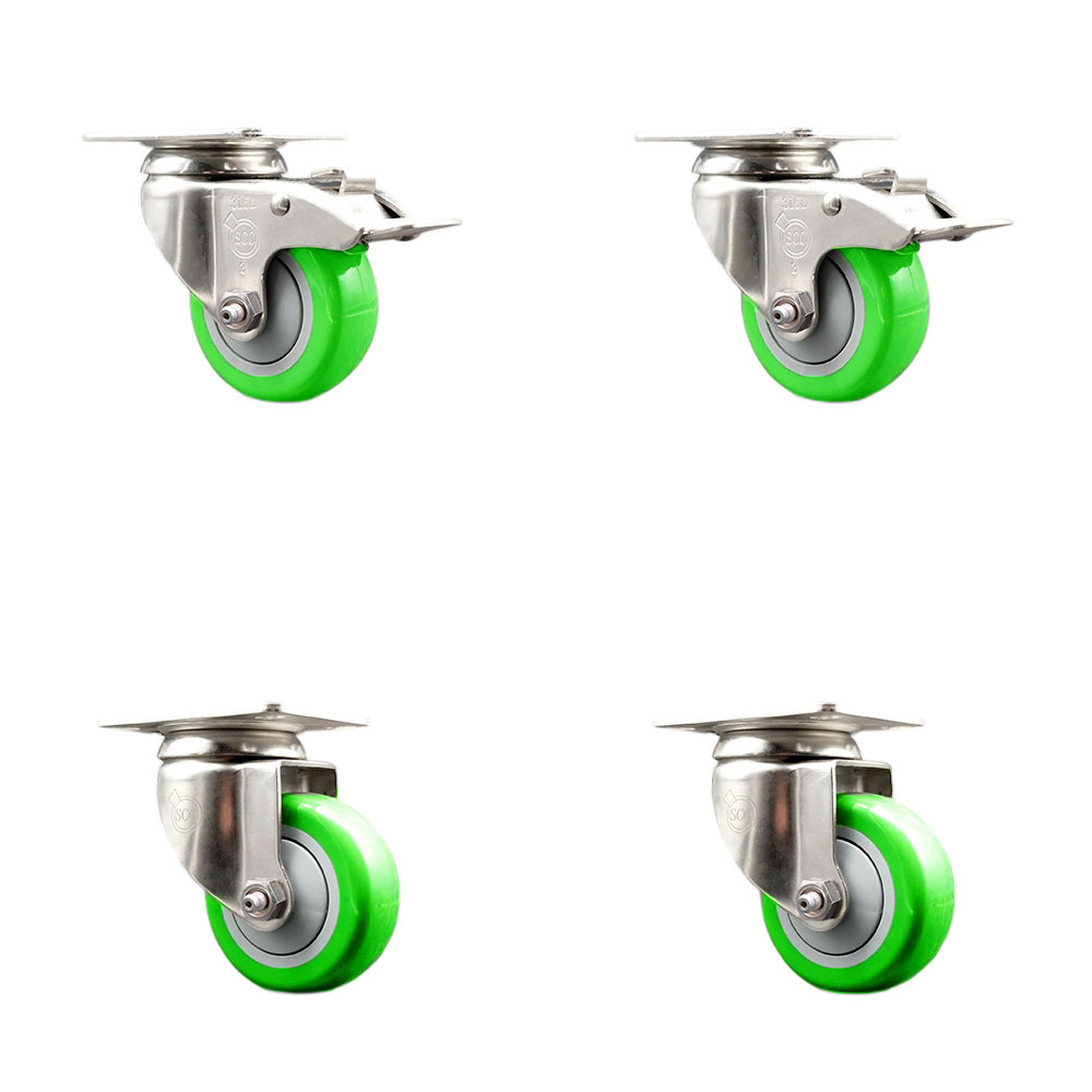 Polyurethane Swivel Top Plate Caster Set of 4 with 3.5 Inch Green Caster Wheels - 316 Stainless Steel Casters - Includes 2 Swivel with Total Lock Brakes and 2 Swivel - Service Caster Brand — photo 1