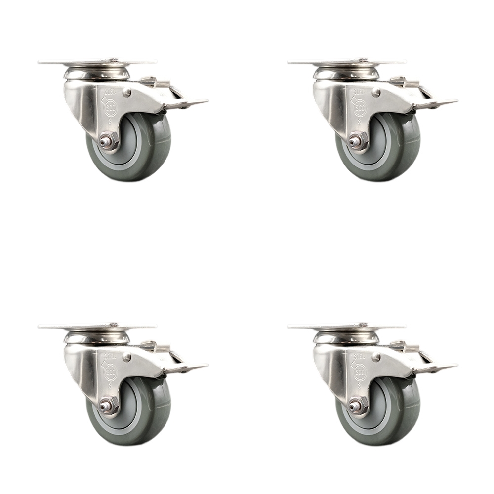 Polyurethane Swivel Top Plate Caster Set of 4 with 3.5 Inch Gray Caster Wheels-316 Stainless Steel Caster- Includes 4 Swivel Casters with Total Lock Brake-1,200lbs. Total Capacity-Service Caster Brand — photo 1