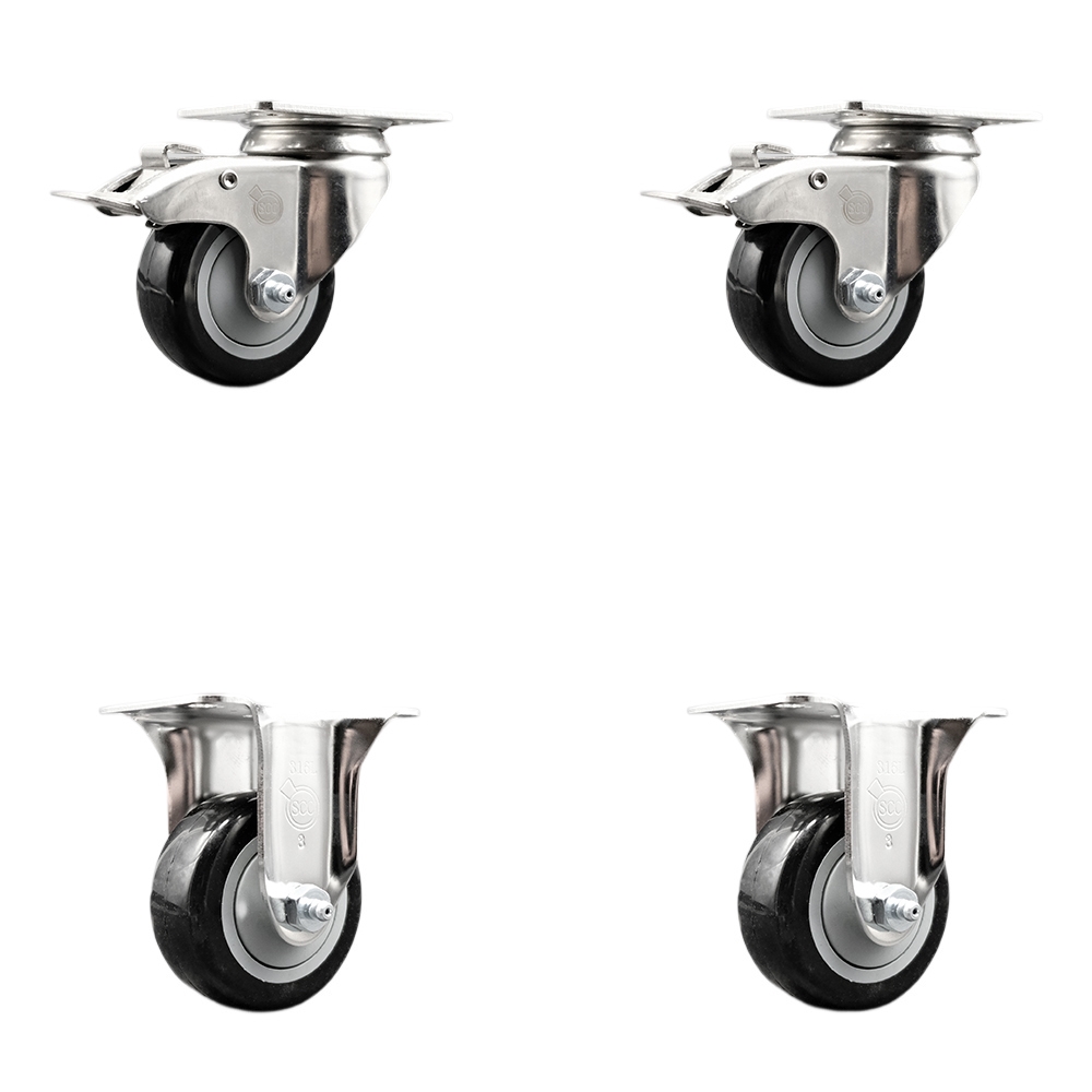 Polyurethane Swivel Top Plate Caster Set of 4 with 3 Inch Black Caster Wheels - 316 Stainless Steel Casters - Includes 2 Swivel with Total Lock Brakes and 2 Rigid - Service Caster Brand — photo 1