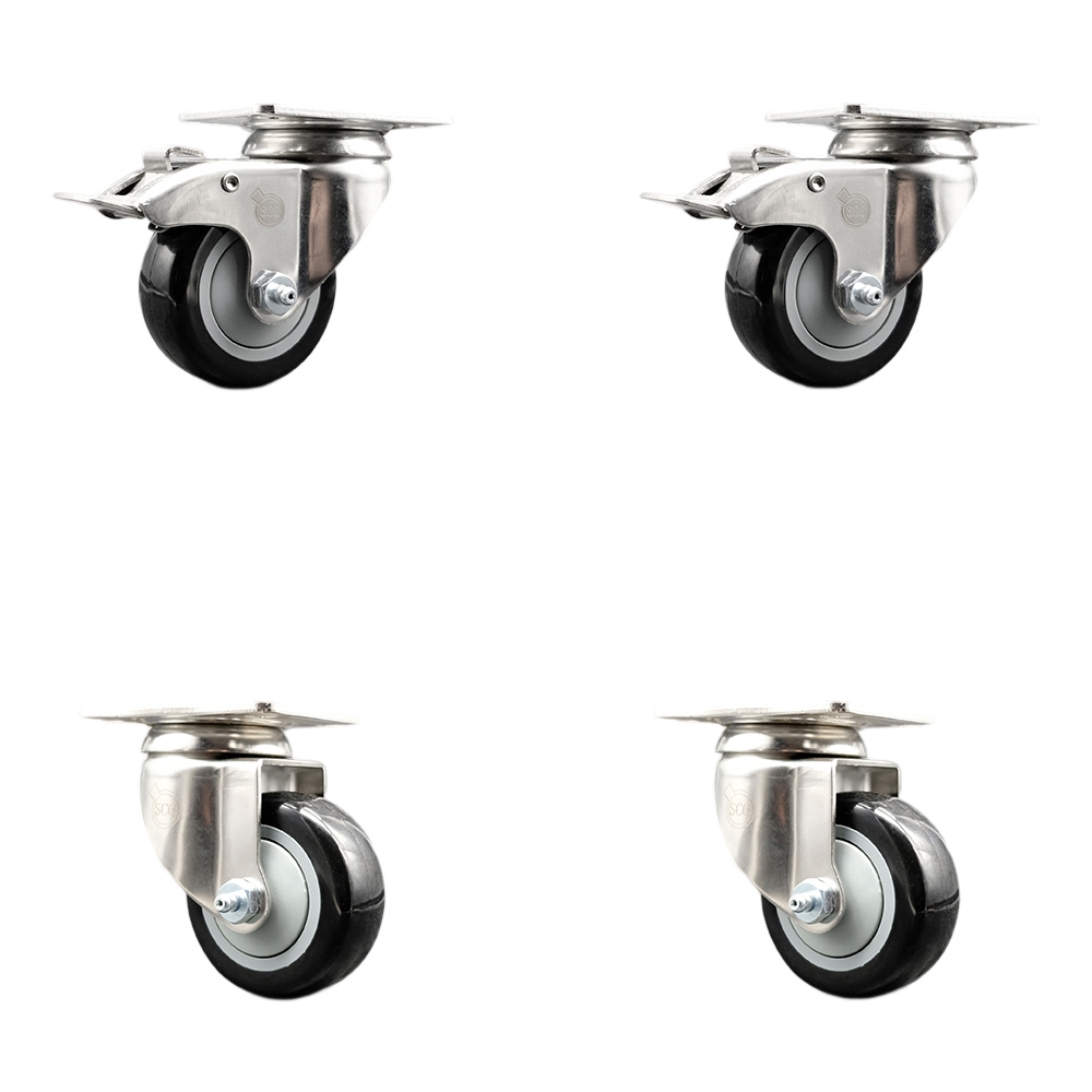 Polyurethane Swivel Top Plate Caster Set of 4 with 3.5 Inch Black Caster Wheels - 316 Stainless Steel Casters - Includes 2 Swivel with Total Lock Brakes and 2 Swivel - Service Caster Brand — photo 1