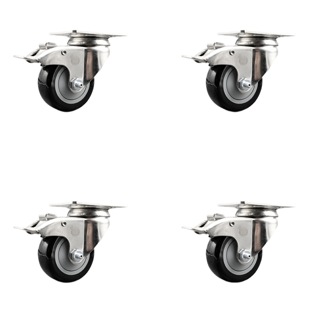 Polyurethane Swivel Top Plate Caster Set of 4 with 3 Inch Black Caster Wheels-316 Stainless Steel Caster- Includes 4 Swivel Casters with Total Lock Brake-1,200 lbs. Total Capacity-Service Caster Brand — photo 1
