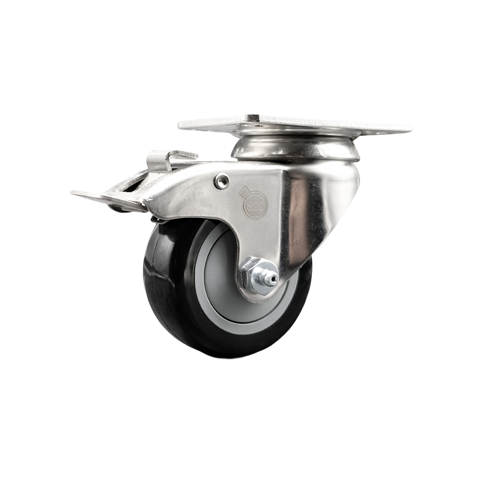 Polyurethane Swivel Top Plate Caster with 3.5 Inch Black Caster Wheel and Total Lock Brake - 316 Stainless Steel Caster - 300 lbs. Capacity Per Caster - Service Caster Brand — photo 1