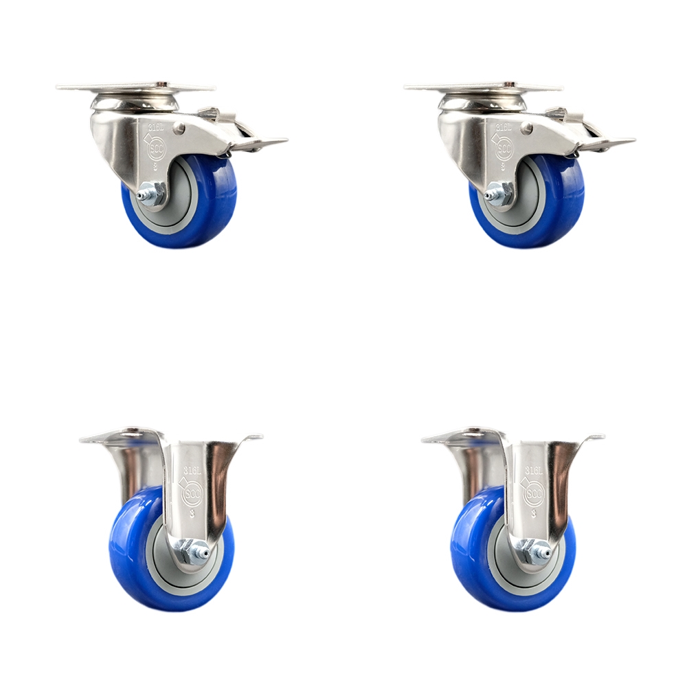Polyurethane Swivel Top Plate Caster Set of 4 with 3 Inch Blue Caster Wheels - 316 Stainless Steel Casters - Includes 2 Swivel with Total Lock Brakes and 2 Rigid - Service Caster Brand — photo 1
