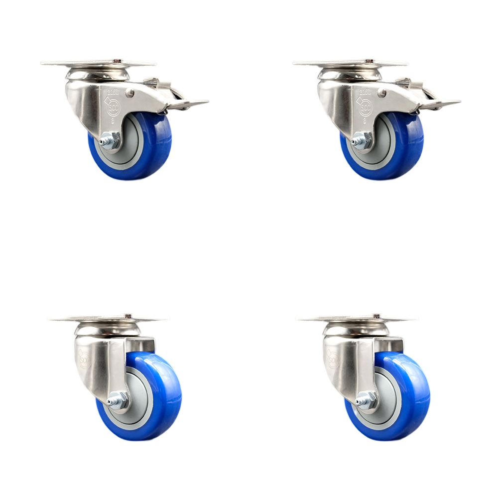 Polyurethane Swivel Top Plate Caster Set of 4 with 3.5 Inch Blue Caster Wheels - 316 Stainless Steel Casters - Includes 2 Swivel with Total Lock Brakes and 2 Swivel - Service Caster Brand — photo 1