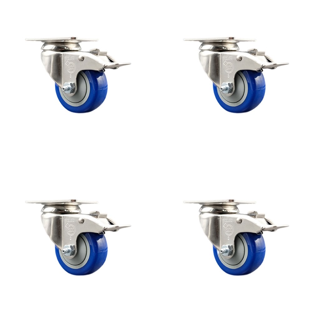 Polyurethane Swivel Top Plate Caster Set of 4 with 3.5 Inch Blue Caster Wheels-316 Stainless Steel Caster- Includes 4 Swivel Casters with Total Lock Brake-1,200lbs. Total Capacity-Service Caster Brand — photo 1