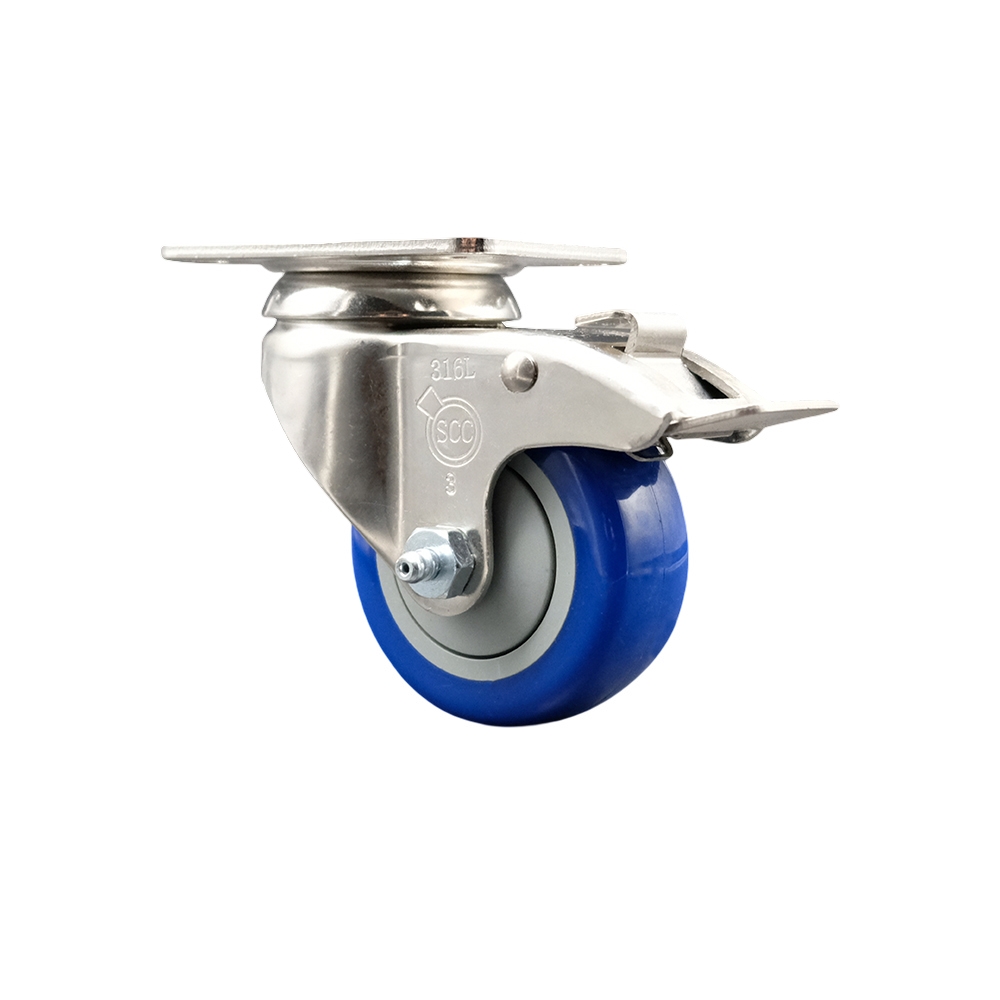 Polyurethane Swivel Top Plate Caster with 3 Inch Blue Caster Wheel and Total Lock Brake - 316 Stainless Steel Caster - 300 lbs. Capacity Per Caster - Service Caster Brand — photo 1