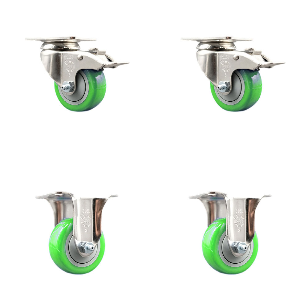 Polyurethane Swivel Top Plate Caster Set of 4 with 3 Inch Green Caster Wheels - 316 Stainless Steel Casters - Includes 2 Swivel with Total Lock Brakes and 2 Rigid - Service Caster Brand — photo 1