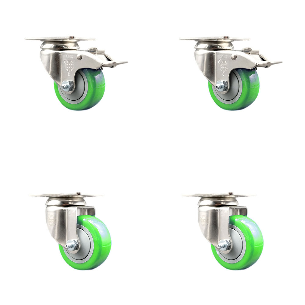 Polyurethane Swivel Top Plate Caster Set of 4 with 3 Inch Green Caster Wheels - 316 Stainless Steel Casters - Includes 2 Swivel with Total Lock Brakes and 2 Swivel - Service Caster Brand — photo 1