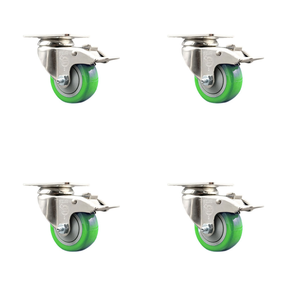 Polyurethane Swivel Top Plate Caster Set of 4 with 3 Inch Green Caster Wheels-316 Stainless Steel Caster- Includes 4 Swivel Casters with Total Lock Brake-1,200 lbs. Total Capacity-Service Caster Brand — photo 1