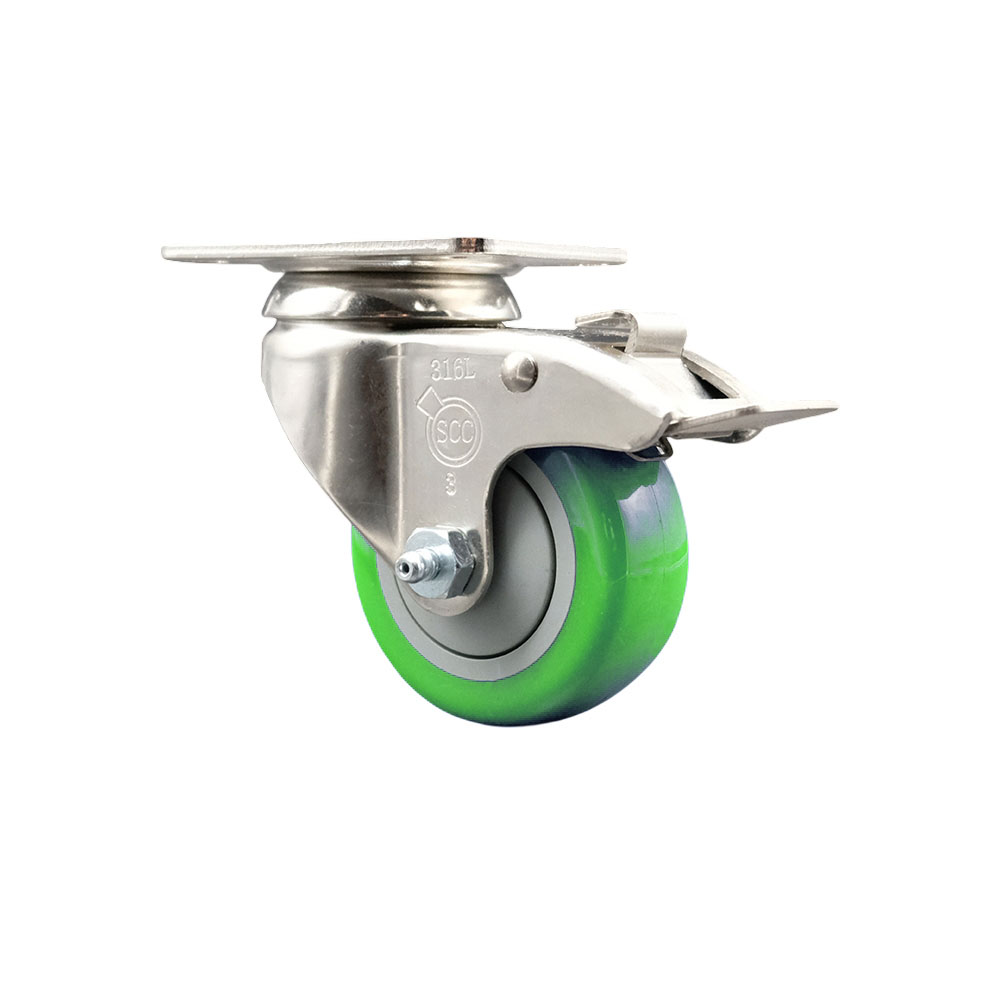 Polyurethane Swivel Top Plate Caster with 3 Inch Green Caster Wheel and Total Lock Brake - 316 Stainless Steel Caster - 300 lbs. Capacity Per Caster - Service Caster Brand — photo 1