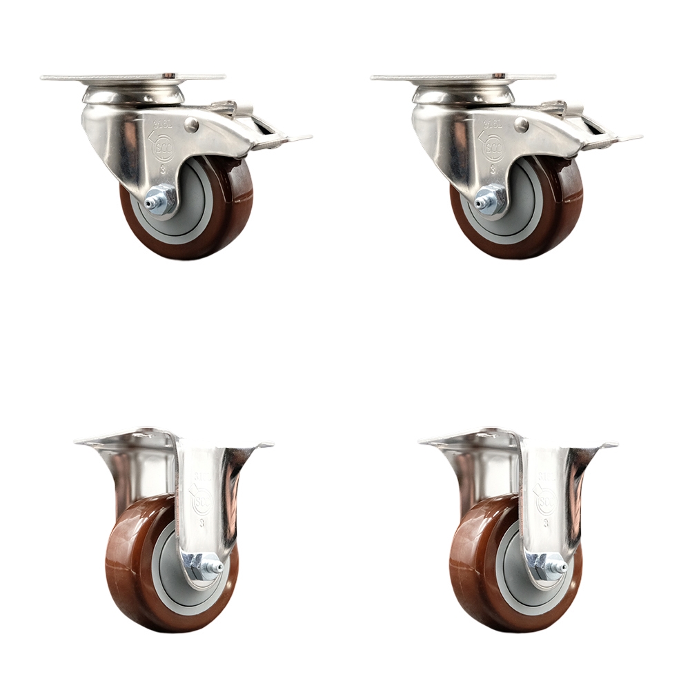 Polyurethane Swivel Top Plate Caster Set of 4 with 3 Inch Maroon Caster Wheels - 316 Stainless Steel Casters - Includes 2 Swivel with Total Lock Brakes and 2 Rigid - Service Caster Brand — photo 1