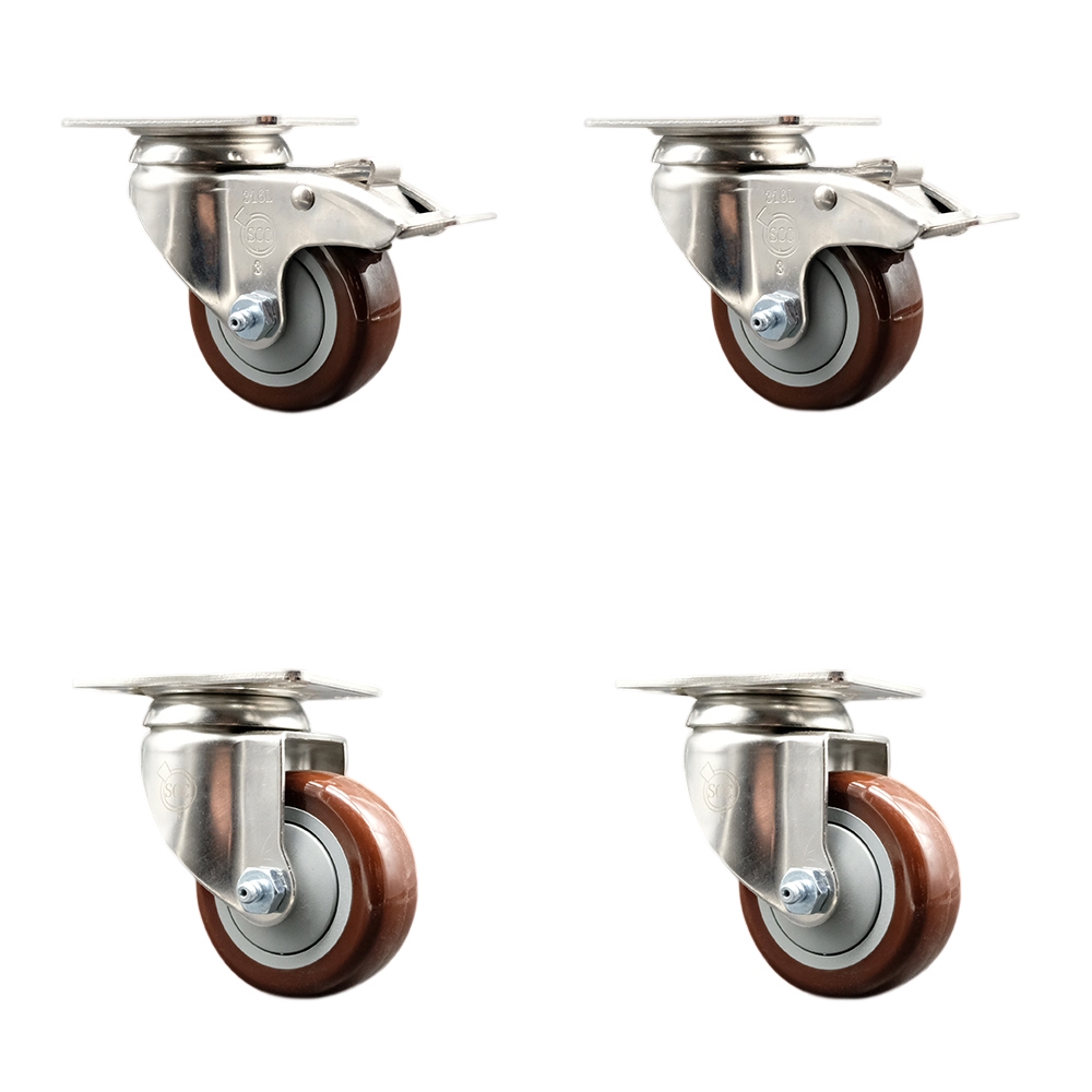 Polyurethane Swivel Top Plate Caster Set of 4 with 3 Inch Maroon Caster Wheels - 316 Stainless Steel Casters - Includes 2 Swivel with Total Lock Brakes and 2 Swivel - Service Caster Brand — photo 1