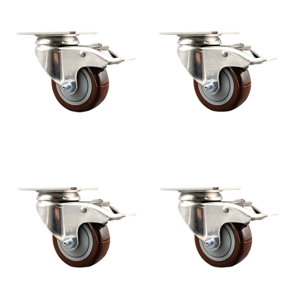 Polyurethane Swivel Top Plate Caster Set of 4 with 3 Inch Maroon Caster Wheels-316 Stainless Steel Caster-Includes 4 Swivel Casters with Total Lock Brake-1,200lbs. Total Capacity- Service Caster Brand — photo 1