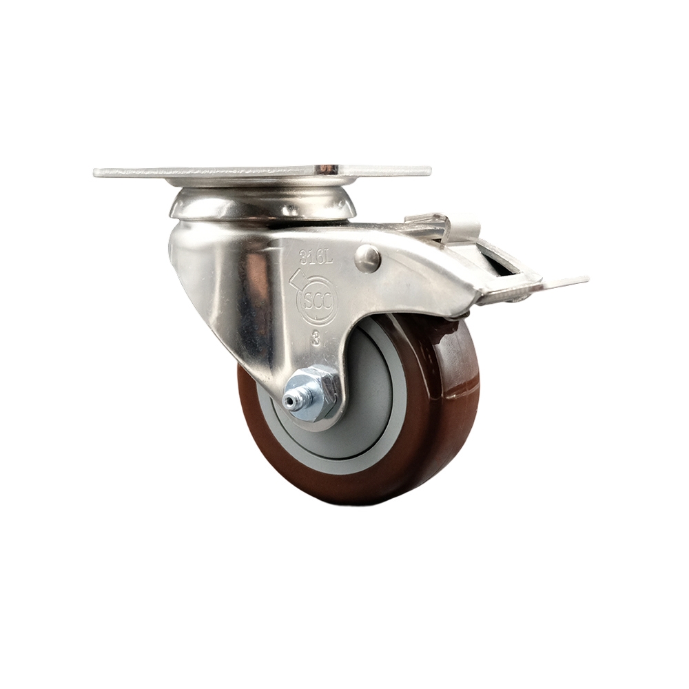 Polyurethane Swivel Top Plate Caster with 3 Inch Maroon Caster Wheel and Total Lock Brake - 316 Stainless Steel Caster - 300 lbs. Capacity Per Caster - Service Caster Brand — photo 1