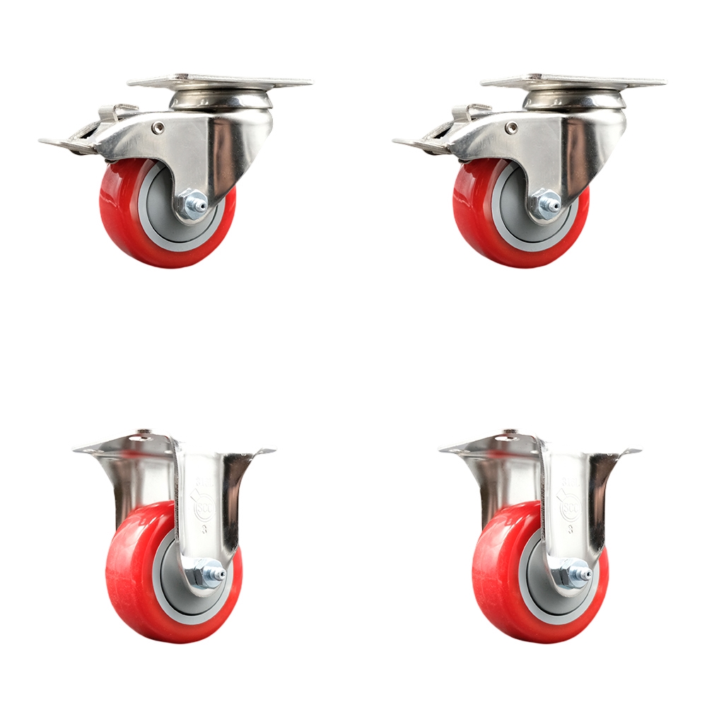 Polyurethane Swivel Top Plate Caster Set of 4 with 3.5 Inch Red Caster Wheels - 316 Stainless Steel Casters - Includes 2 Swivel with Total Lock Brakes and 2 Rigid - Service Caster Brand — photo 1