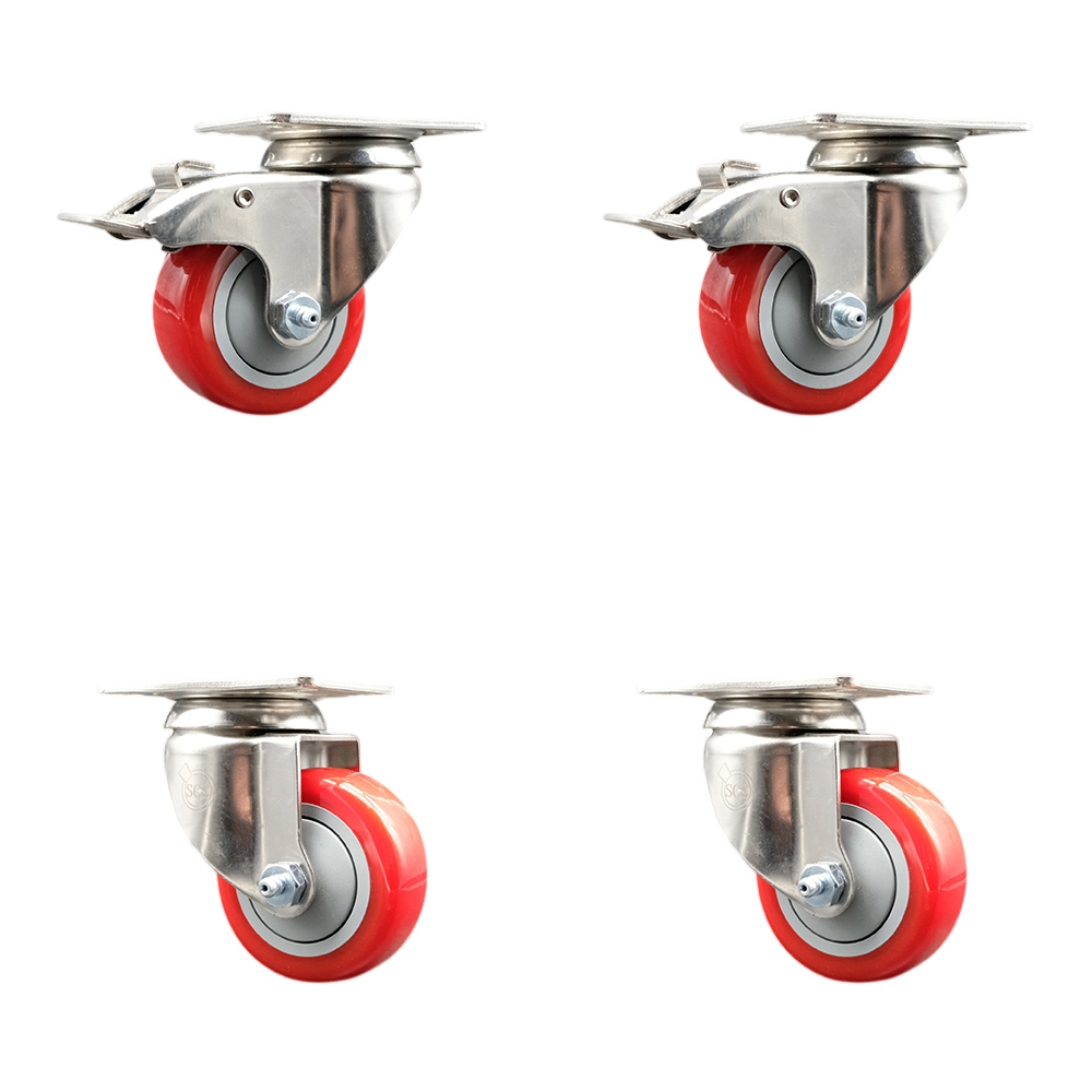 Polyurethane Swivel Top Plate Caster Set of 4 with 3.5 Inch Red Caster Wheels - 316 Stainless Steel Casters - Includes 2 Swivel with Total Lock Brakes and 2 Swivel - Service Caster Brand — photo 1