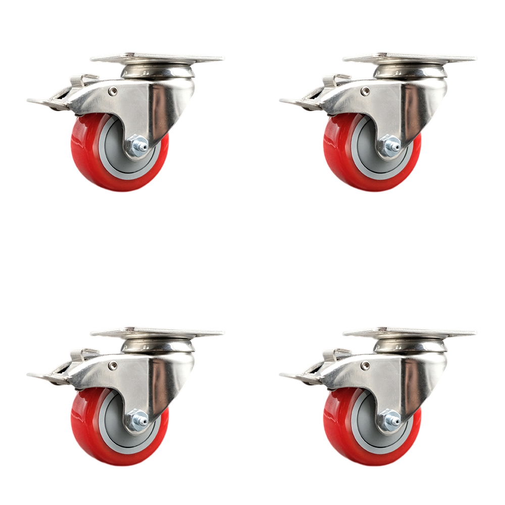 Polyurethane Swivel Top Plate Caster Set of 4 with 3.5 Inch Red Caster Wheels-316 Stainless Steel Caster- Includes 4 Swivel Casters with Total Lock Brake-1,200lbs. Total Capacity-Service Caster Brand — photo 1
