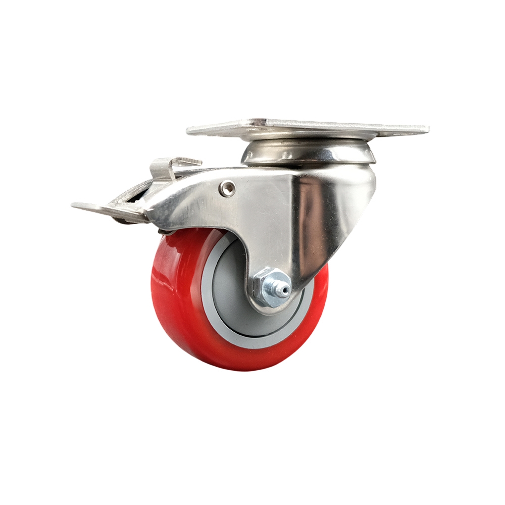 Polyurethane Swivel Top Plate Caster with 3.5 Inch Red Caster Wheel and Total Lock Brake - 316 Stainless Steel Caster - 300 lbs. Capacity Per Caster - Service Caster Brand — photo 1