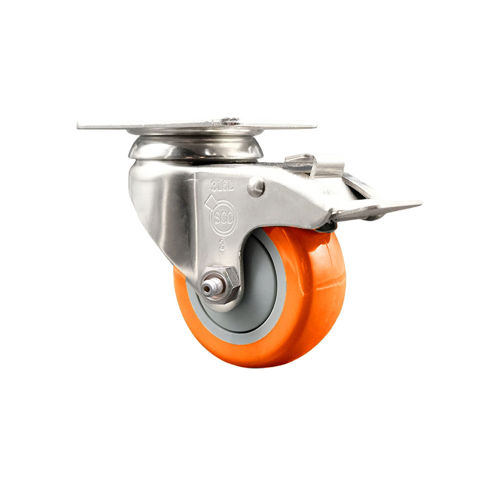 Polyurethane Swivel Top Plate Caster with 3.5 Inch Orange Caster Wheel and Total Lock Brake - 316 Stainless Steel Caster - 300 lbs. Capacity Per Caster - Service Caster Brand — photo 1