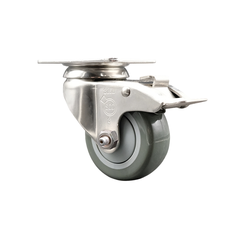 Polyurethane Swivel Top Plate Caster with 3 Inch Gray Caster Wheel and Total Lock Brake - 316 Stainless Steel Caster - 300 lbs. Capacity Per Caster - Service Caster Brand — photo 1