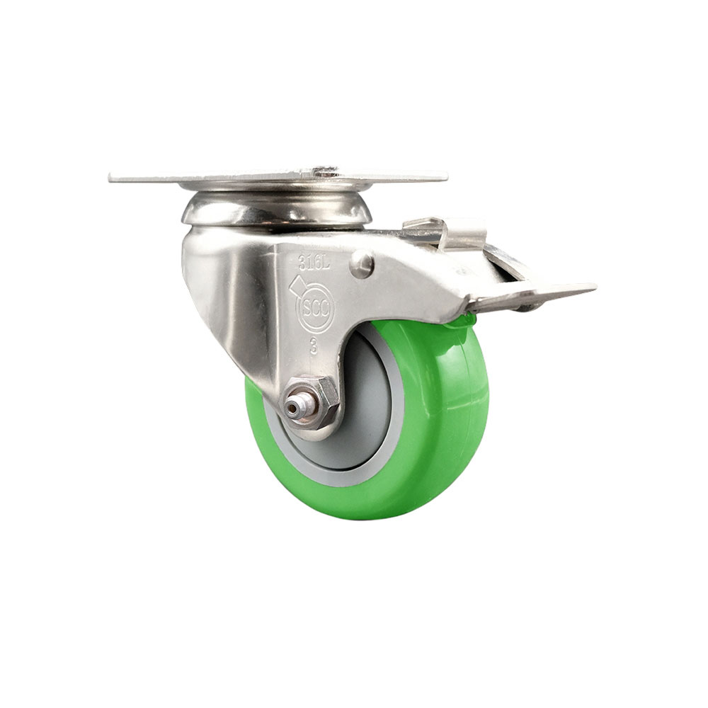 Polyurethane Swivel Top Plate Caster with 3.5 Inch Green Caster Wheel and Total Lock Brake - 316 Stainless Steel Caster - 300 lbs. Capacity Per Caster - Service Caster Brand — photo 1