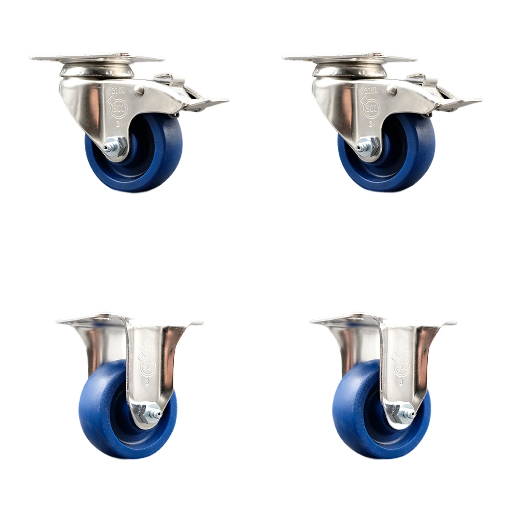 Solid Polyurethane Swivel Top Plate Caster Set of 4 with 3 Inch Blue Caster Wheels - 316 Stainless Steel Casters - Includes 2 Swivel with Total Lock Brakes and 2 Rigid - Service Caster Brand — photo 1
