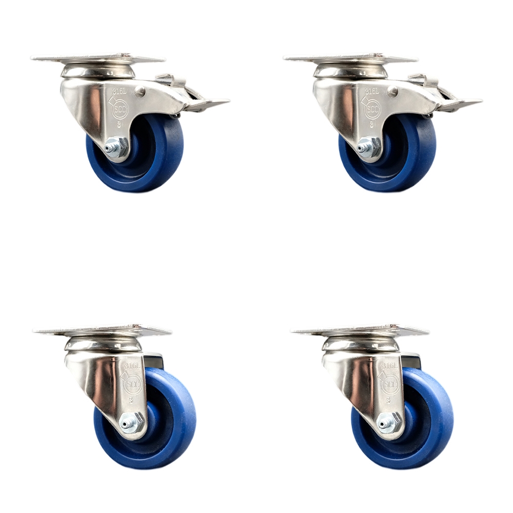 Solid Polyurethane Swivel Top Plate Caster Set of 4 with 3 Inch Blue Caster Wheels - 316 Stainless Steel Casters - Includes 2 Swivel with Total Lock Brakes and 2 Swivel - Service Caster Brand — photo 1