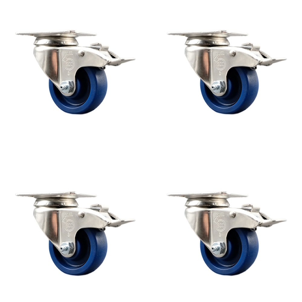 Solid Poly Swivel Top Plate Caster Set of 4 with 3.5 Inch Blue Caster Wheels-316 Stainless Steel Caster- Includes 4 Swivel Casters with Total Lock Brake-1,200 lbs. Total Capacity- Service Caster Brand — photo 1