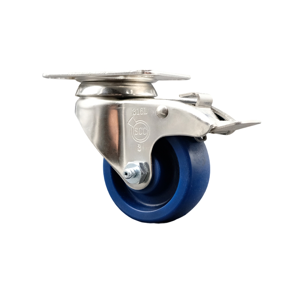 Solid Polyurethane Swivel Top Plate Caster with 3 Inch Blue Caster Wheel and Total Lock Brake - 316 Stainless Steel Caster - 300 lbs. Capacity Per Caster - Service Caster Brand — photo 1