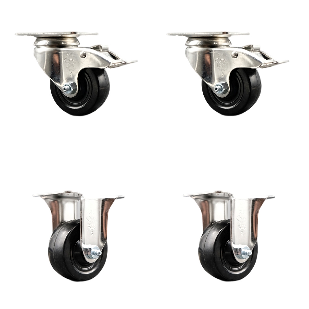 Soft Rubber Swivel Top Plate Caster Set of 4 with 3 Inch Black Caster Wheels - 316 Stainless Steel Casters - Includes 2 Swivel with Total Lock Brakes and 2 Rigid - Service Caster Brand — photo 1