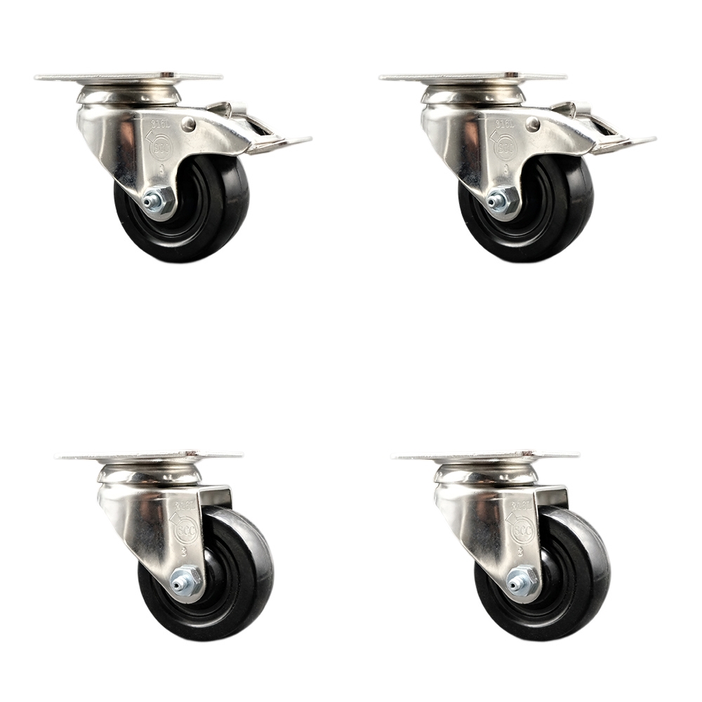 Soft Rubber Swivel Top Plate Caster Set of 4 with 3.5 Inch Black Caster Wheels - 316 Stainless Steel Casters - Includes 2 Swivel with Total Lock Brakes and 2 Swivel - Service Caster Brand — photo 1