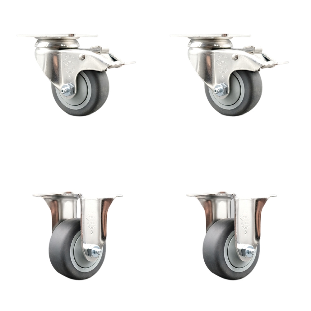 Thermoplastic Rubber Swivel Top Plate Caster Set of 4 with 3.5 Inch Gray Caster Wheels - 316 Stainless Steel Casters - Includes 2 Swivel with Total Lock Brakes and 2 Rigid - Service Caster Brand — photo 1