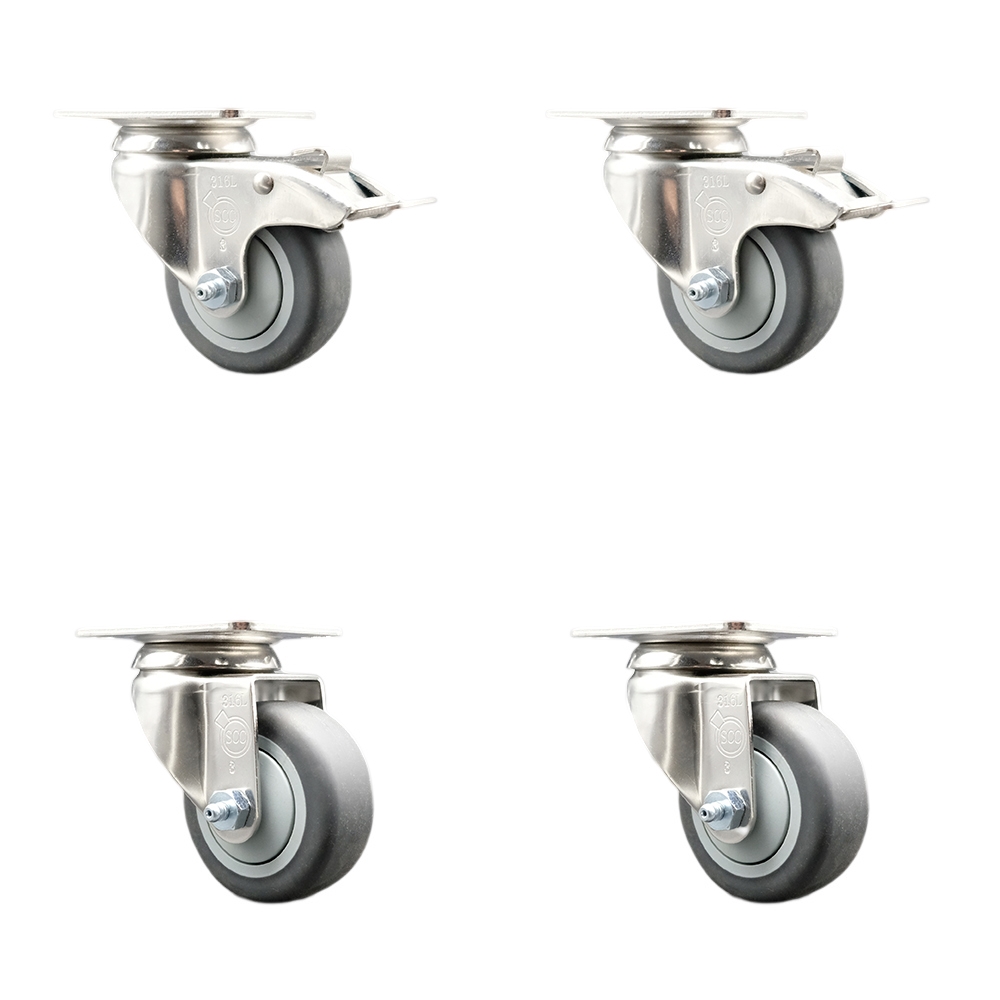 Thermoplastic Rubber Swivel Top Plate Caster Set of 4 with 3 Inch Gray Caster Wheels - 316 Stainless Steel Casters - Includes 2 Swivel with Total Lock Brakes and 2 Swivel - Service Caster Brand — photo 1