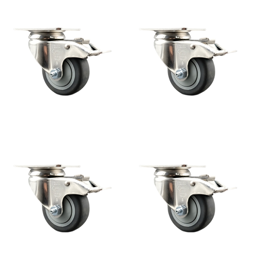 Thermoplastic Rubber Swivel Top Plate Caster Set of 4 with 3.5 Inch Caster Wheels-316 Stainless Steel Casters-Include 4 Swivel Casters with Total Lock Brake-920lbs. Total Capacity-Service Caster Brand — photo 1