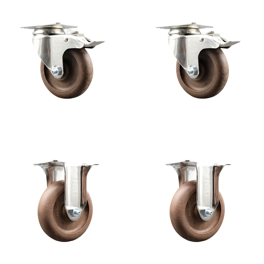 High Temp Glass Filled Nylon Swivel Top Plate Caster Set of 4 with 4 Inch Brown Caster Wheels - 316 Stainless Steel Casters - Includes 2 Swivel with Total Lock Brakes and 2 Rigid -Service Caster Brand — photo 1